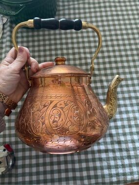 Engraved Copper Tea Kettle with Brass Spout and Wood-Accent Handle - Copper